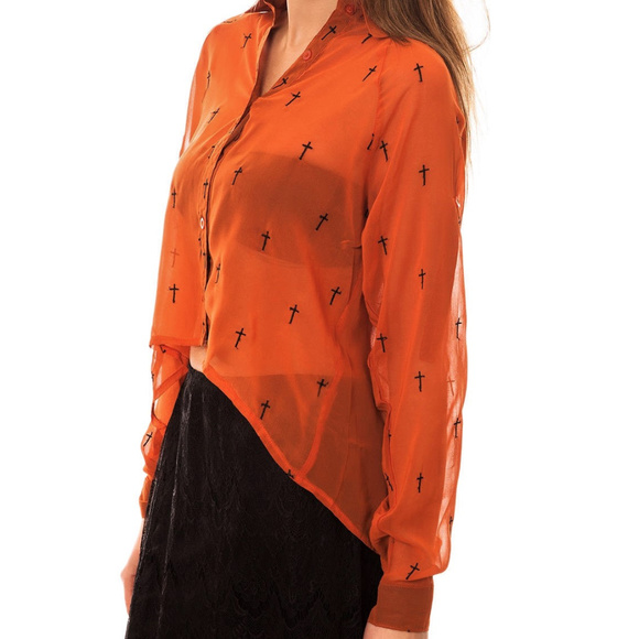 Embroidered Cross Sheer BLOUSE High Low Hem TOP M - Picture 6 of 6